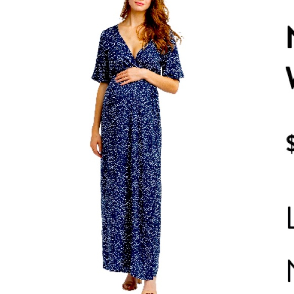 Nom Maternity NWT Landon Navy Polka-Dot Wrap Maxi Dress Sz L